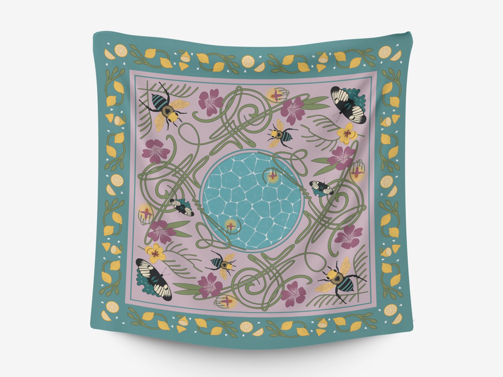 A square satin scarf is pinned to a white wall by the corners. It has swirling botanical designs punctuated by intricate illustrations of insects. 