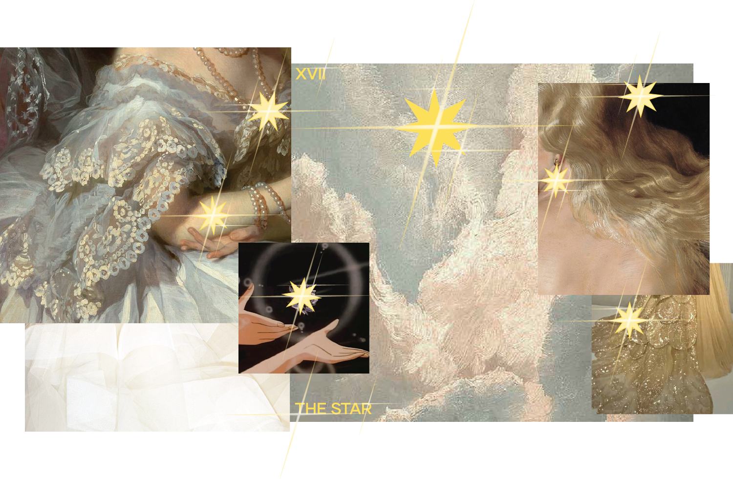 Mood board for Asteria's collection, features golden tones with clouds, stars and historical portraits