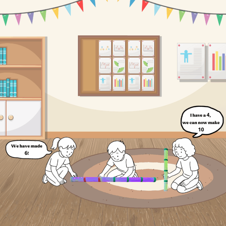 Three 5-6 year old children sitting on the floor in a classroom. Two rods have been connected to represent 6. They are about to add a 4 rod so that they have built a targeted number sum of 10.