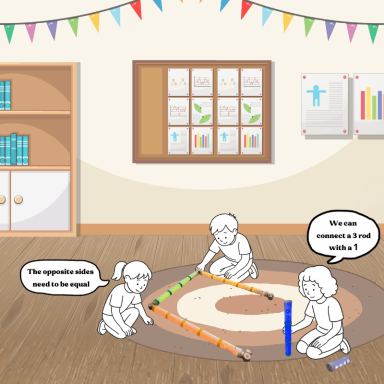 Three 5-6 year old children sitting on the floor in a classroom using the rods and connectors to build a rectangle. 