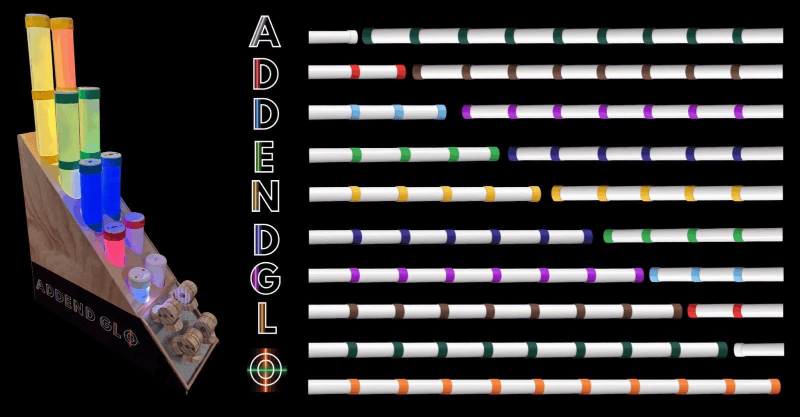 Rods in storage case and graphic of rod lengths 1 to 10.
