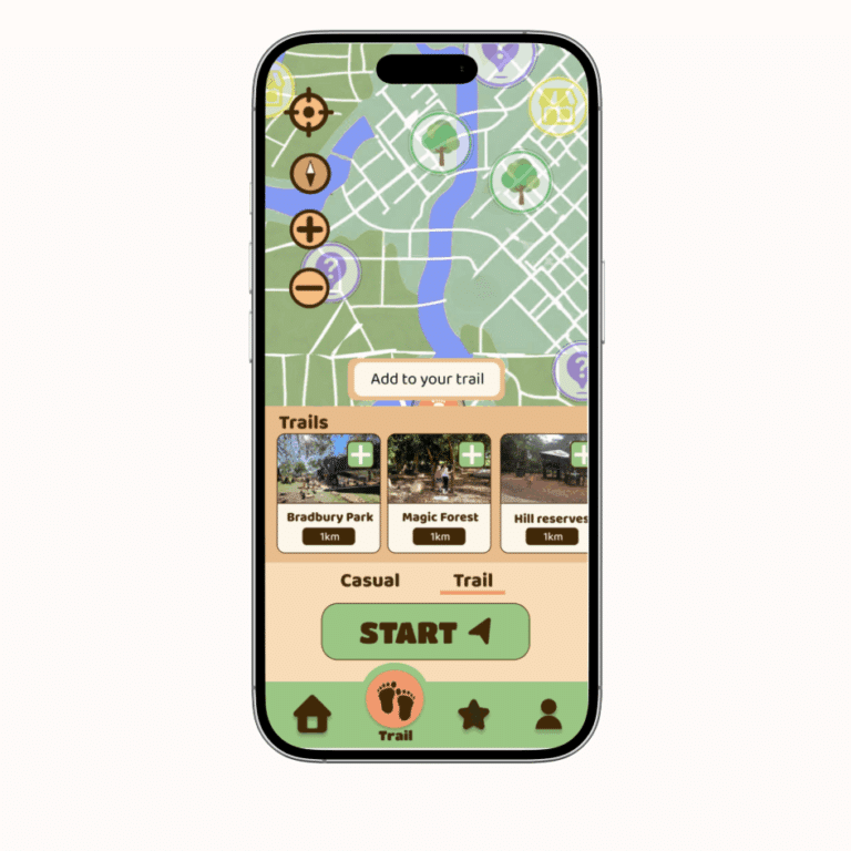 Screenshot of the TrailStamp “Plan Trail” page showing a map interface where users can create custom walking routes, select destinations, and view nearby stamp locations to collect along their journey.