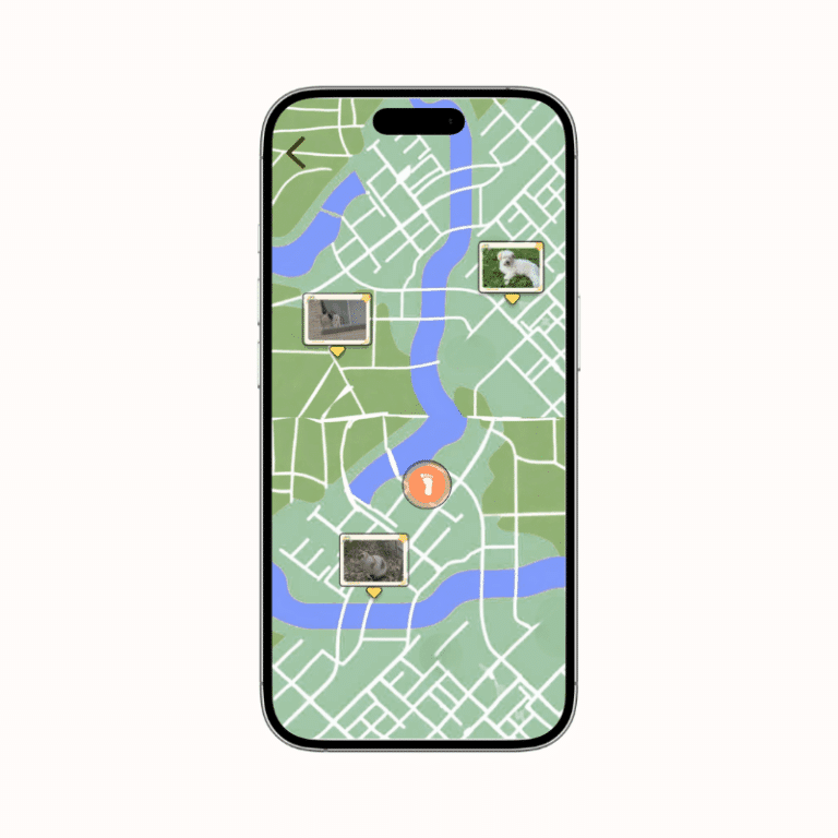 Screenshot of the TrailStamp “Capture Moments” feature showing a user taking a photo during a walk, with images pinned along their trail route on the map interface.