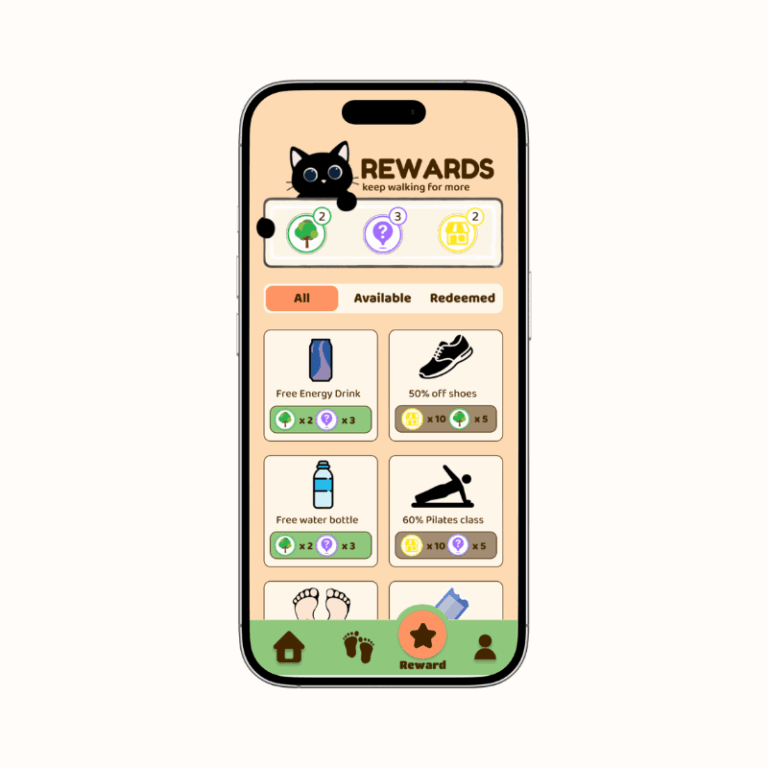 Screenshot of the TrailStamp rewards page showing collected stamps that can be exchanged for tangible rewards, with each stamp displayed as a colorful icon representing different types.