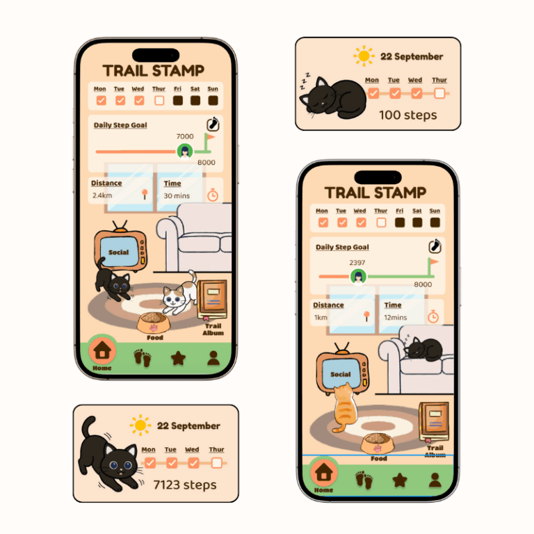 Screenshot of the TrailStamp home screen and widget showing different types of cat status 