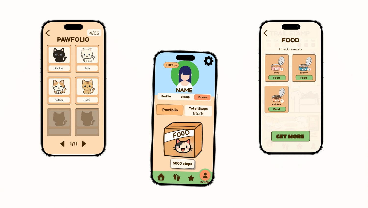 Screenshot of the TrailStamp showing cat draws of food and pawfolios collection