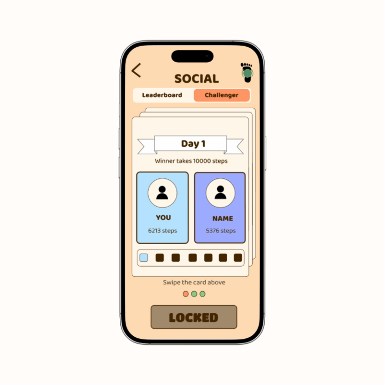 Screenshot of the TrailStamp “Challenge” page showing challenge cards that display user and challenger step count, winner and the winner’s reward amount.