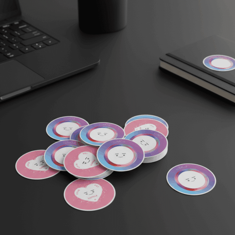 Aerial shot mockup of LUMŌJI stickers randomly stacked on a black table.