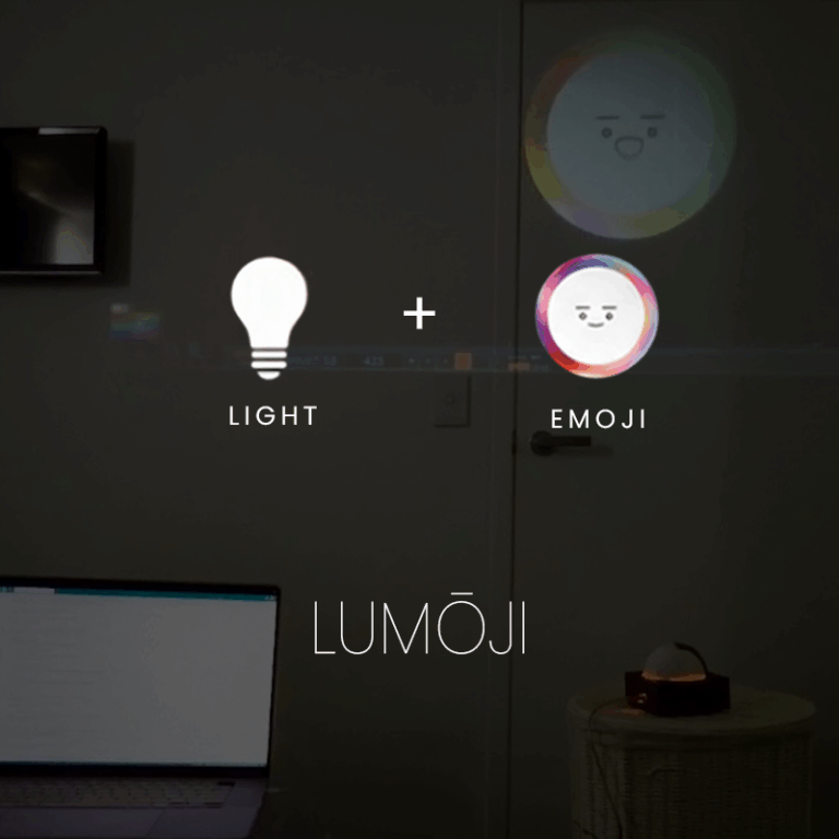 An infographic diagram explaining Lumoji's design philosophy. It shows how the name "lumoji" is formed by combining "Light" (a light bulb icon) and "Emoji" (an emoticon icon). Below, it shows the flow of design principles from "TOUCH" to "SIMPLIFIED EMOJI" to the final design principle of "INTUITION."