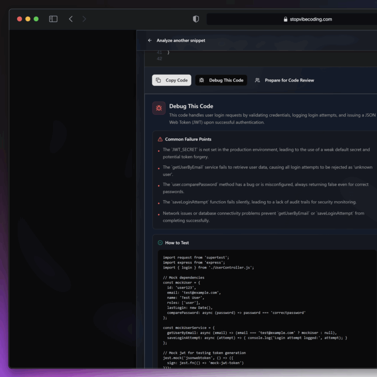 Screenshot of debug this code feature. 