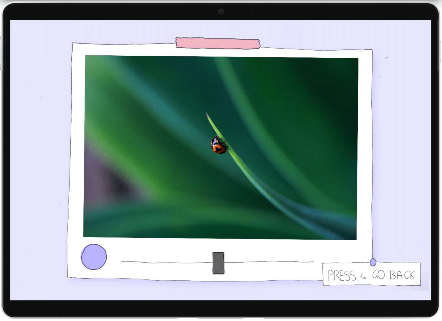 User interface showing a photo which changes one exposure mechanic as the slider is moved. The photo is styled as a polaroid, with a slider located underneath. Instructions to the side in small font read "Press to Go Back". The style is hand drawn with a simple red, green and blue colour pallet. 