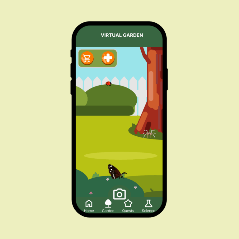 A virtual garden, inhabited by a spider, butterfly, and ladybug.