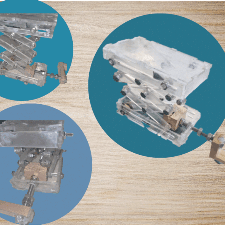 An image of three angles of an acrylic scissor lift with a wooden handle in blue circles against a wooden background.