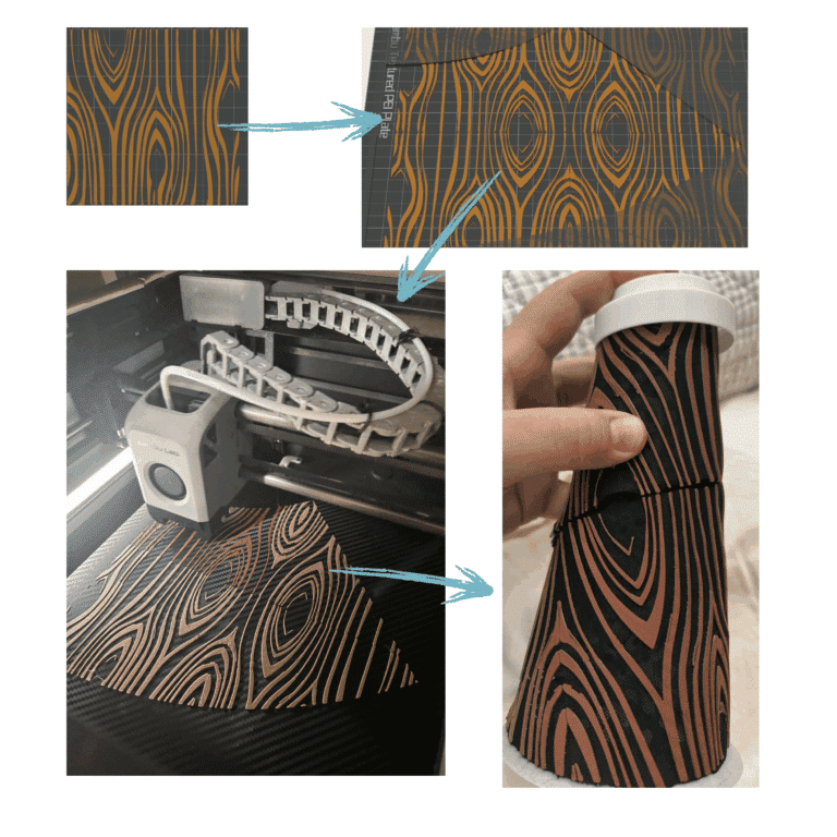 Compiled photos of fabricating material from SVG Files on the printer to printing and forming on the analog.