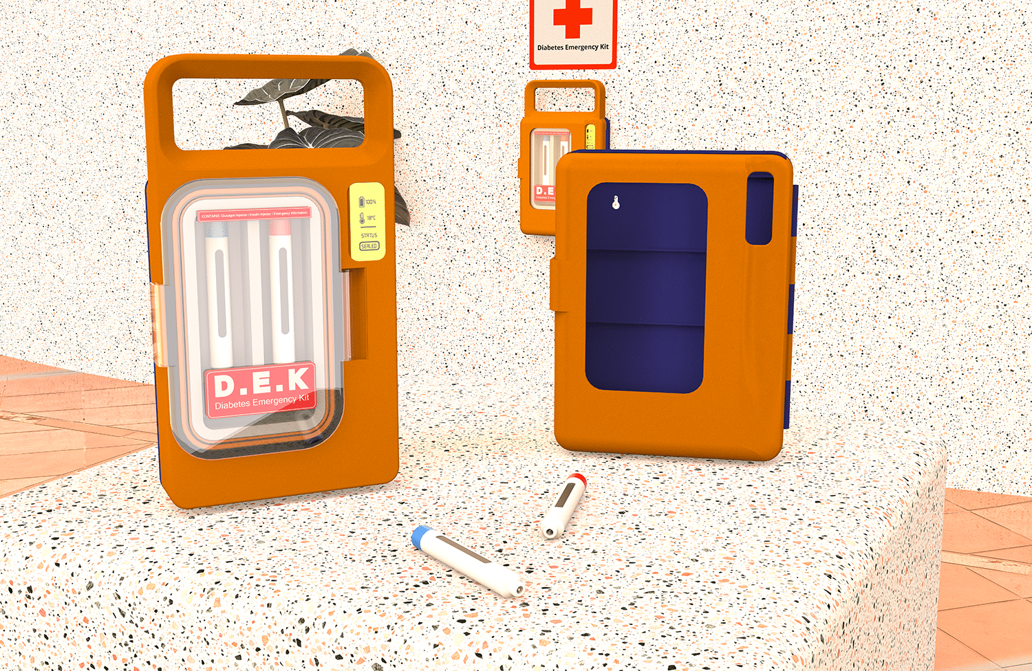(D.E.K) Diabetic Emergency Kit [left], Glucagon and Insulin Auto-injectors [front] and wall-mount [right].