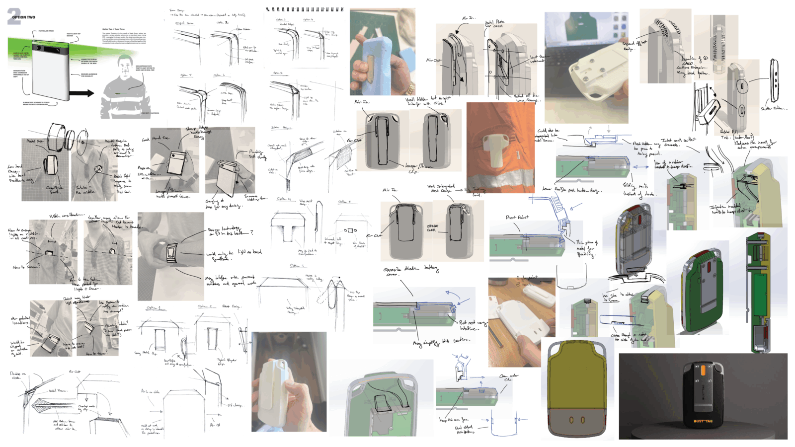 A spread of sketches, prototyping and general ideation of the DUST TAG handheld device.