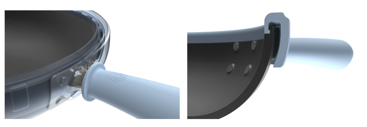 Detail view highlighting the fins on the pan edge and a section view to show the air gap.