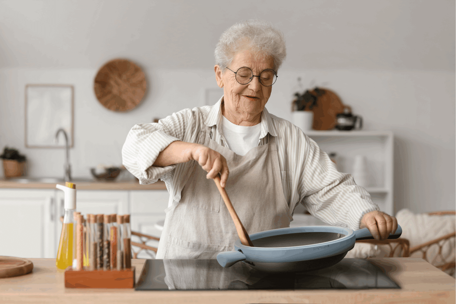 In context render, a lady using the pan