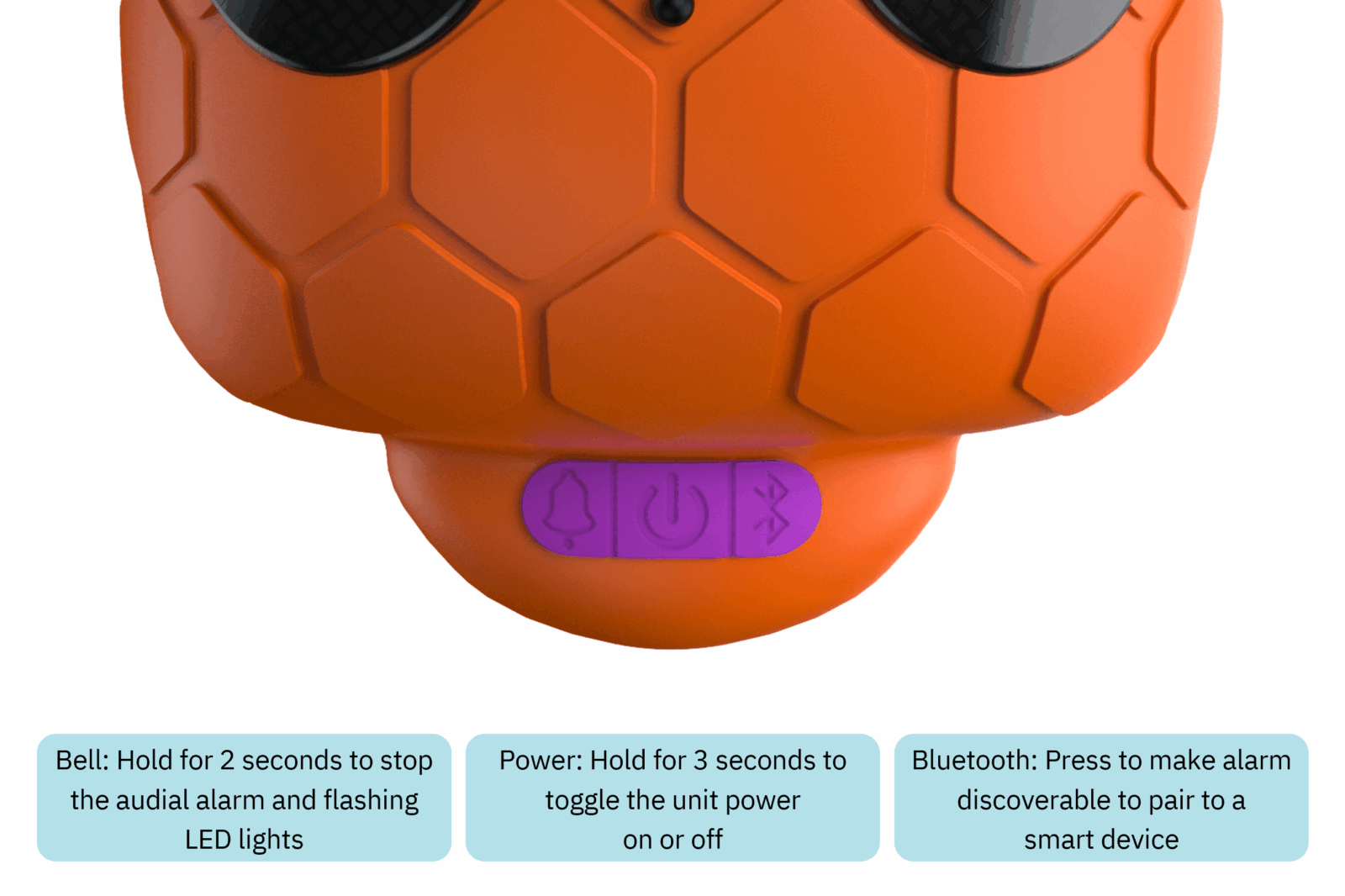 Close-up digital render of the interface buttons on the Guardian Pool Alarm. Text within the image describes the function of the three buttons as follows:

'Bell: Hold for two seconds to stop the audial alarm and flashing LED lights'.

'Power: Hold for 3 seconds to toggle the unit power on or off'.

'Bluetooth: Press to make alarm discoverable to pair to a smart device'.