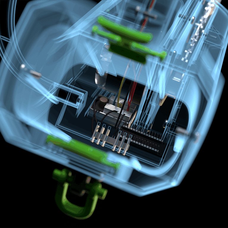 Xray view of inside the chainsaw, showing the arduino nano