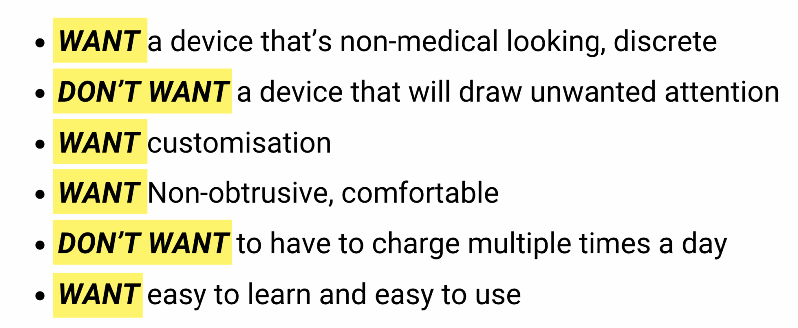 Explaining the wants and don't wants in a wearable device for people with Parkinson's