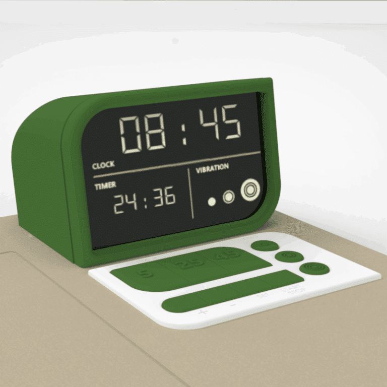 Close-up view of LCD interface, clock, and button controls. 