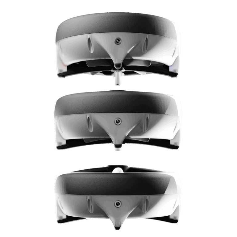 Three vertically stacked HALO drones, showcasing its inductive charging capabilities.