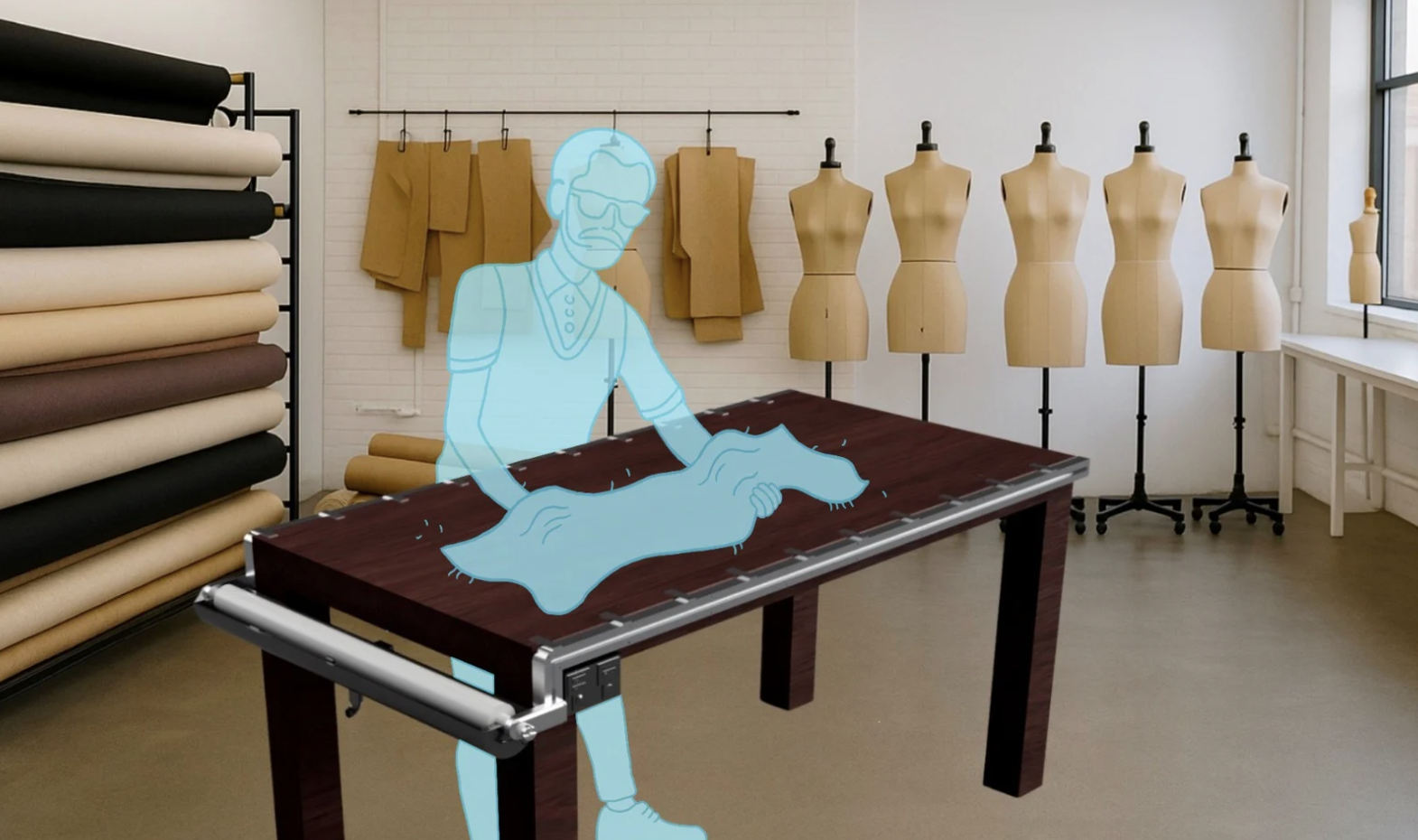 Image of Dusti in a workshop environment. Fabric is being draped across the table by the user, and the attachment is positioned and ready for use.