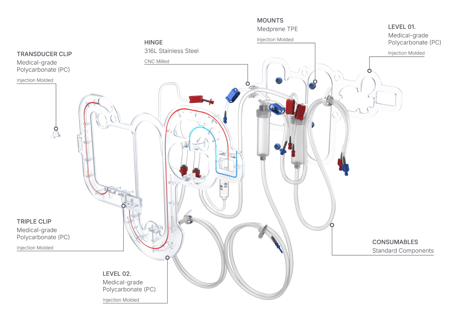 Diasette exploded view - with callouts detailing material, component name, and manufacturing process 