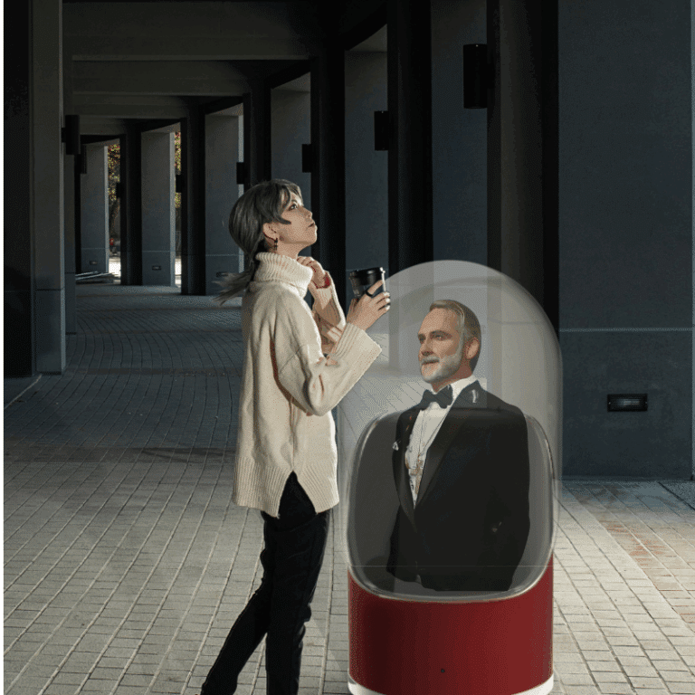 Woman holding coffee cup looks up at architectuer, CADAH hologram is nearby providing information.