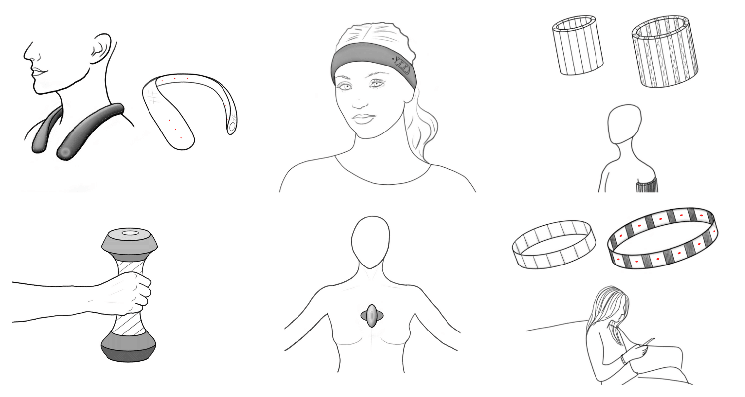 Digital sketches of wearable devices showing multiple different designs including a headband, armband, sticker or handheld tube-shaped device.