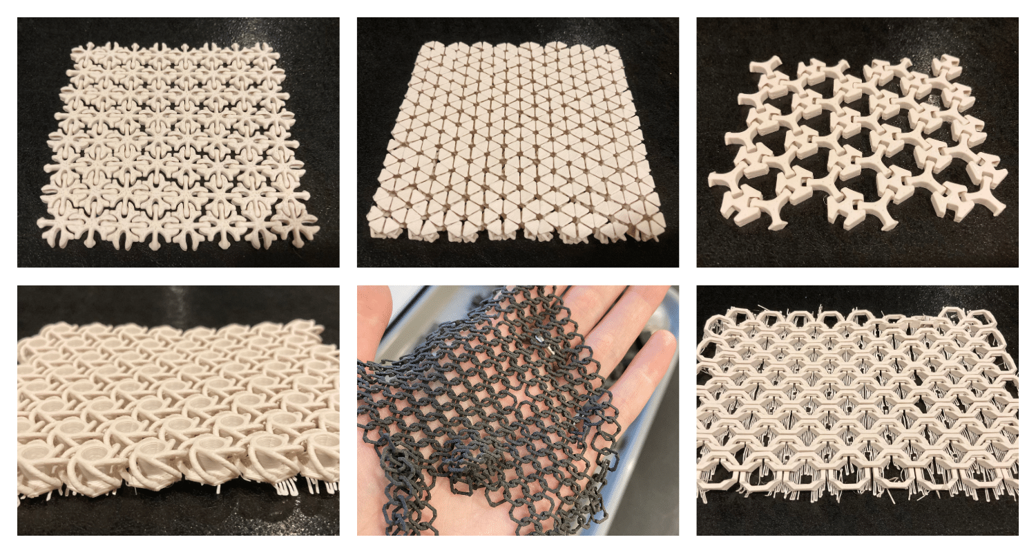 Images of 3D printed chainmail fabric showing different patterns and designs.