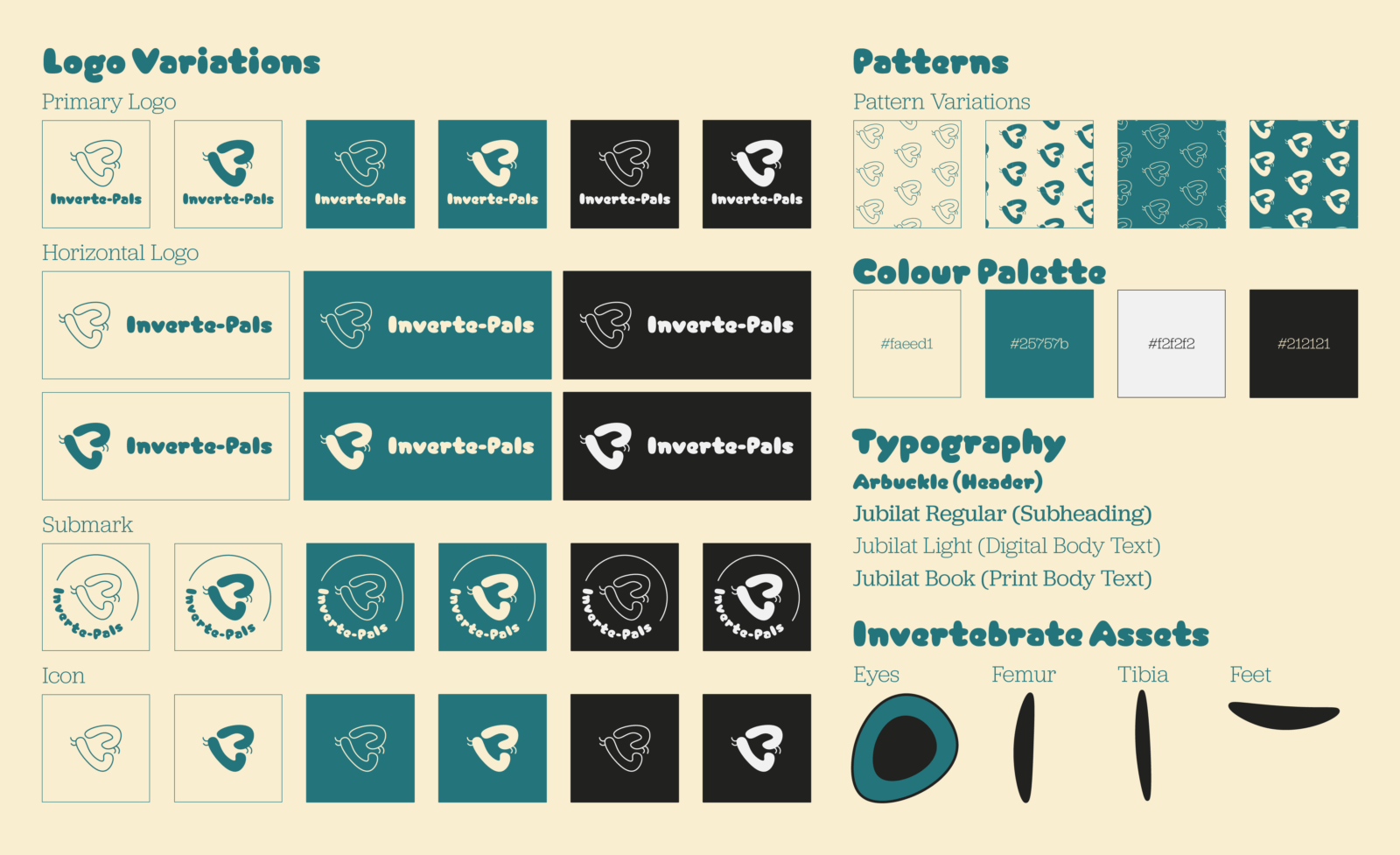 Style guide demonstrating different logo variations, patterns, colour palettes, typography, and visual assets relevant to the Inverte-Pals brand.