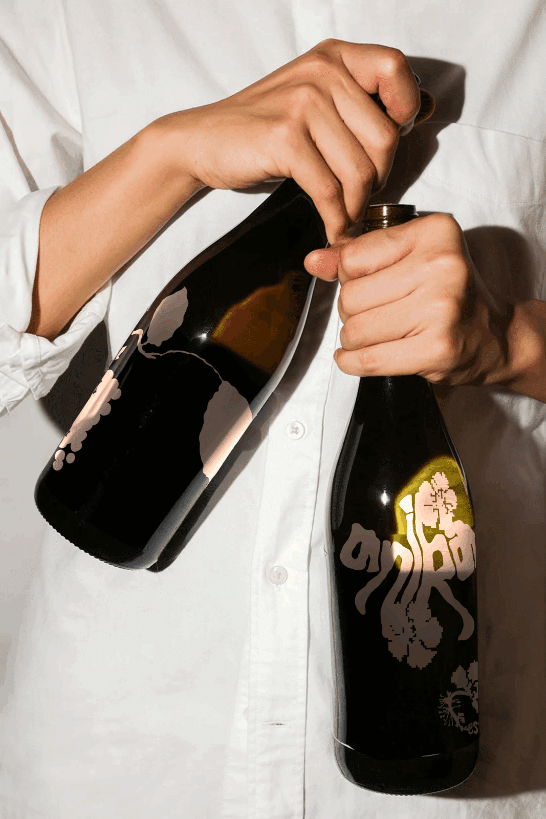 Anika Estate wine bottles featuring minimalist pink illustrations of grapevines and leaves, photographed on a light background. The design highlights the organic, contemporary branding of Anika Estate, reflecting a balance between contemporary design and natural inspiration.
