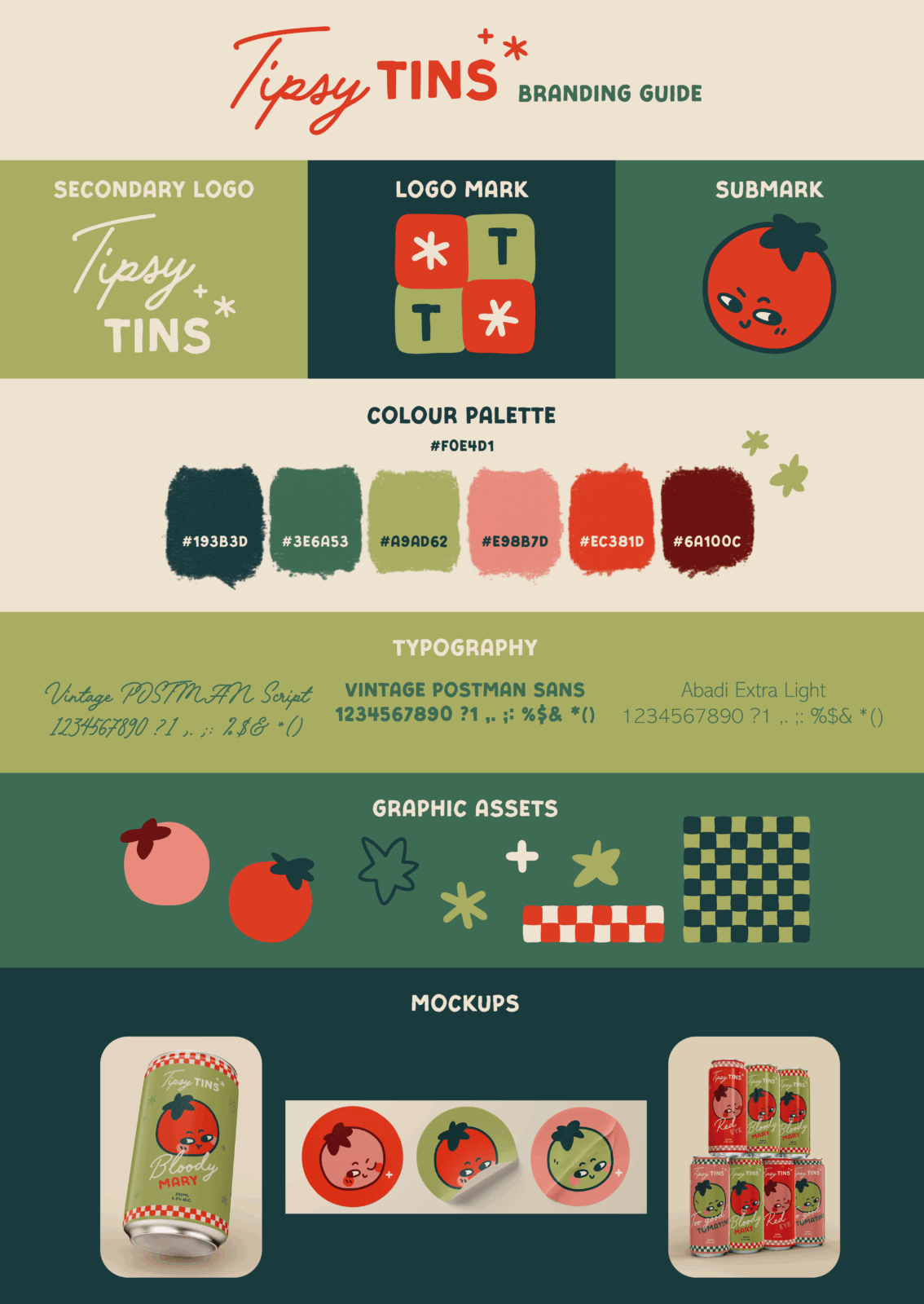 branding guide for Tipsy Tins, including logos, the colour palette, typography, graphic assets and mockups.