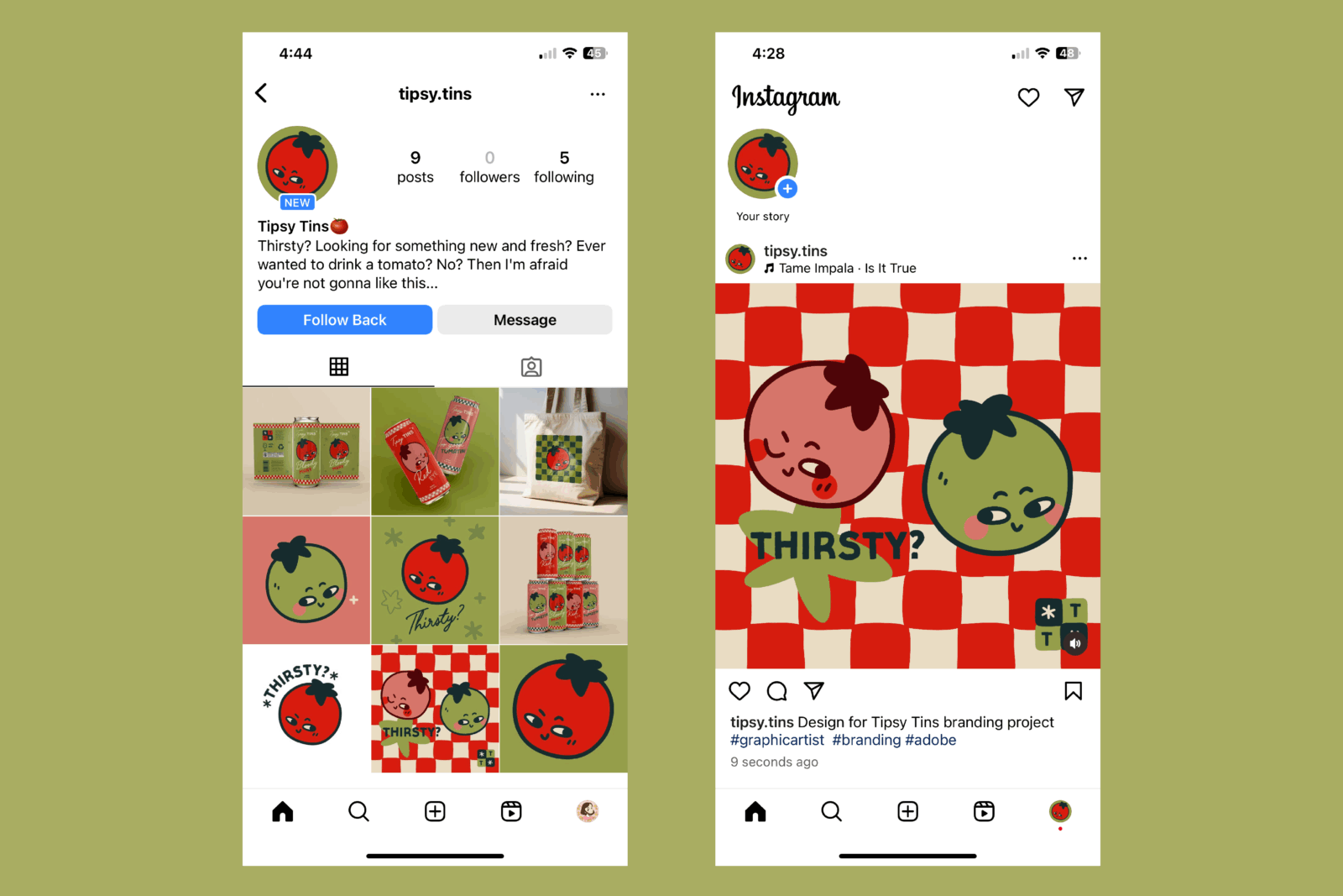 screenshot of the Tipsy Tins social media page and a post with brand artwork.