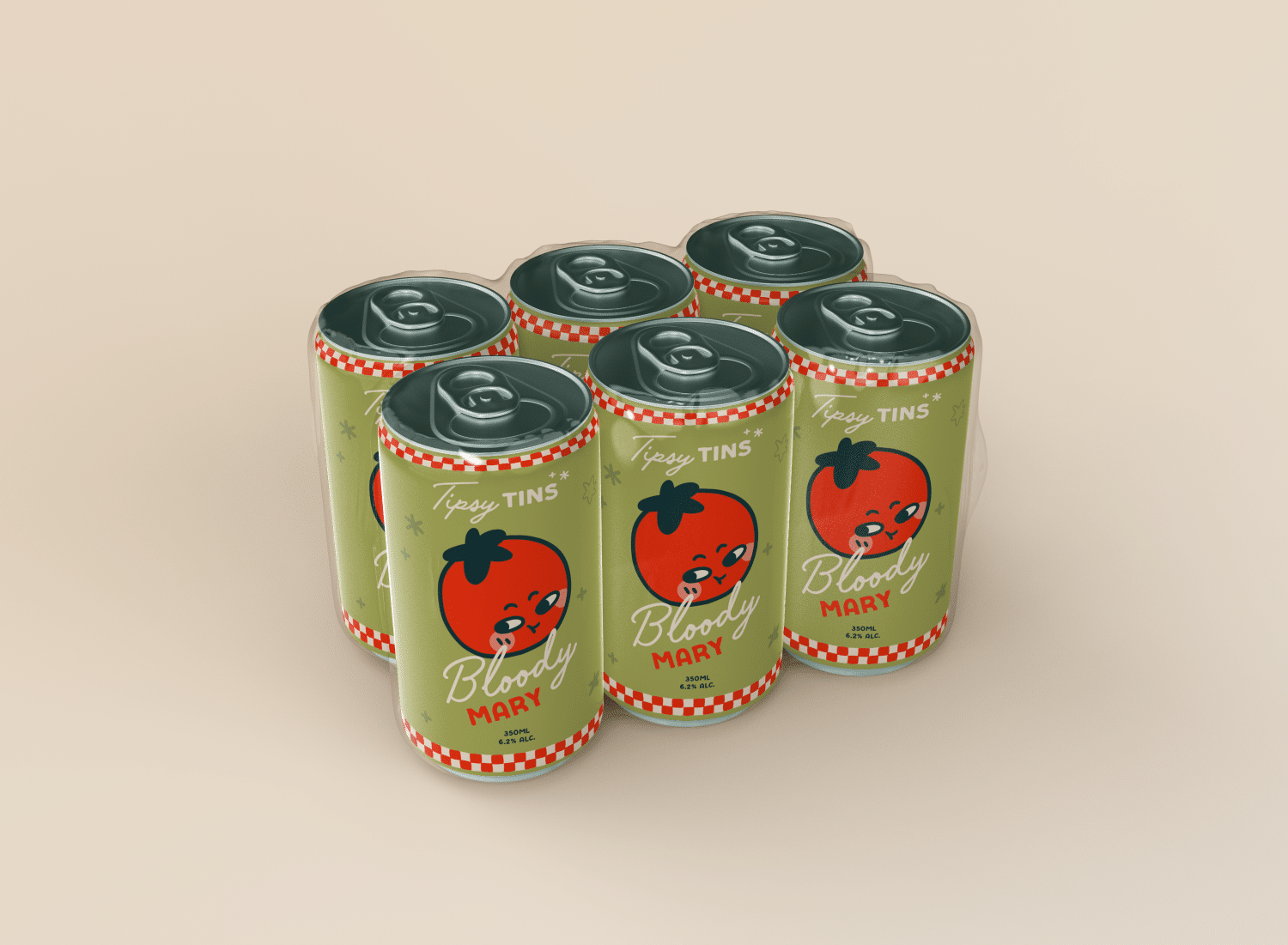 mockup of the Bloody Mary cans in a 6 pack in clear plastic packaging.