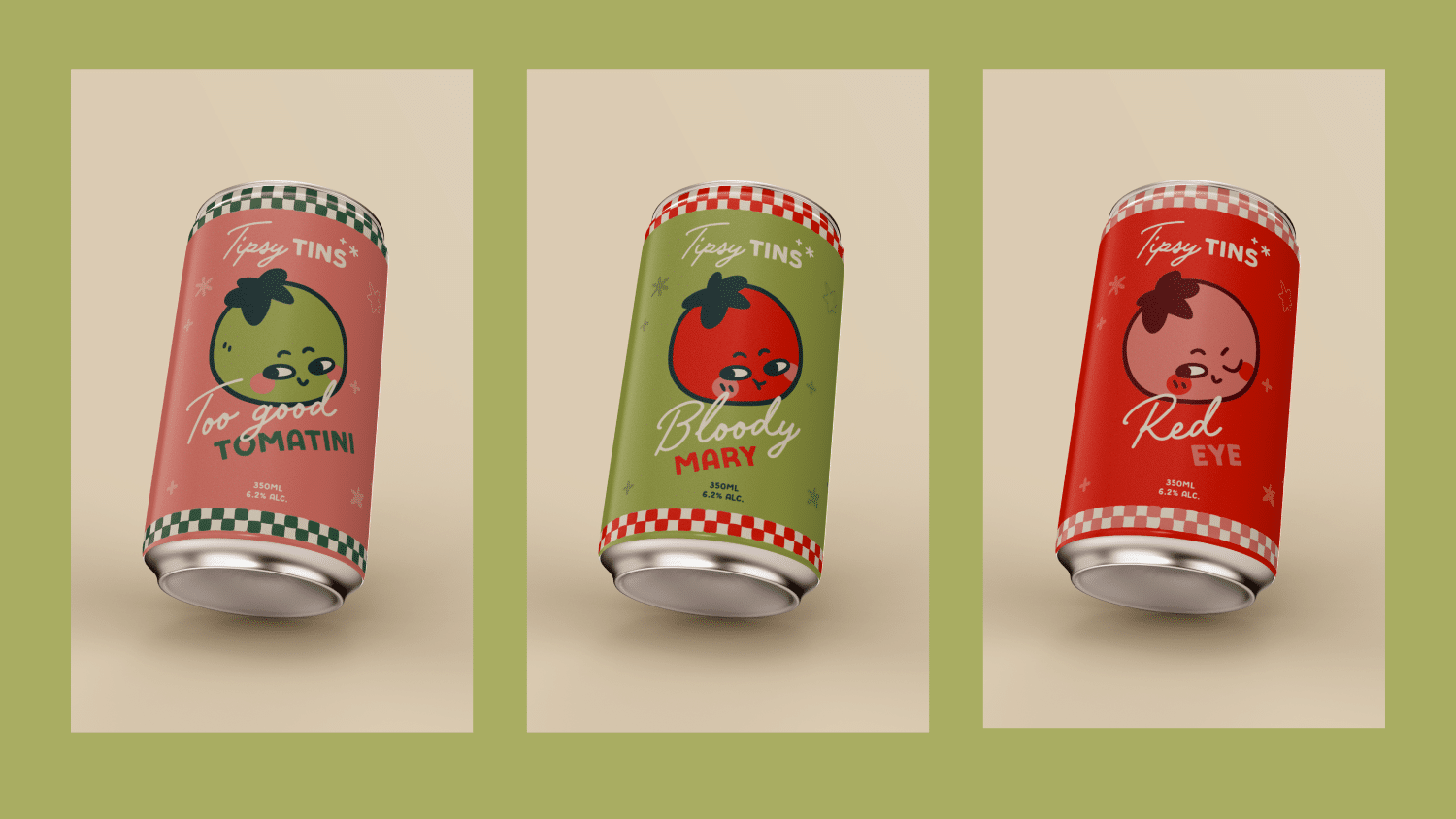 mockups of 3 can packaging designs (Tomatini, Bloody Mary and Red Eye).