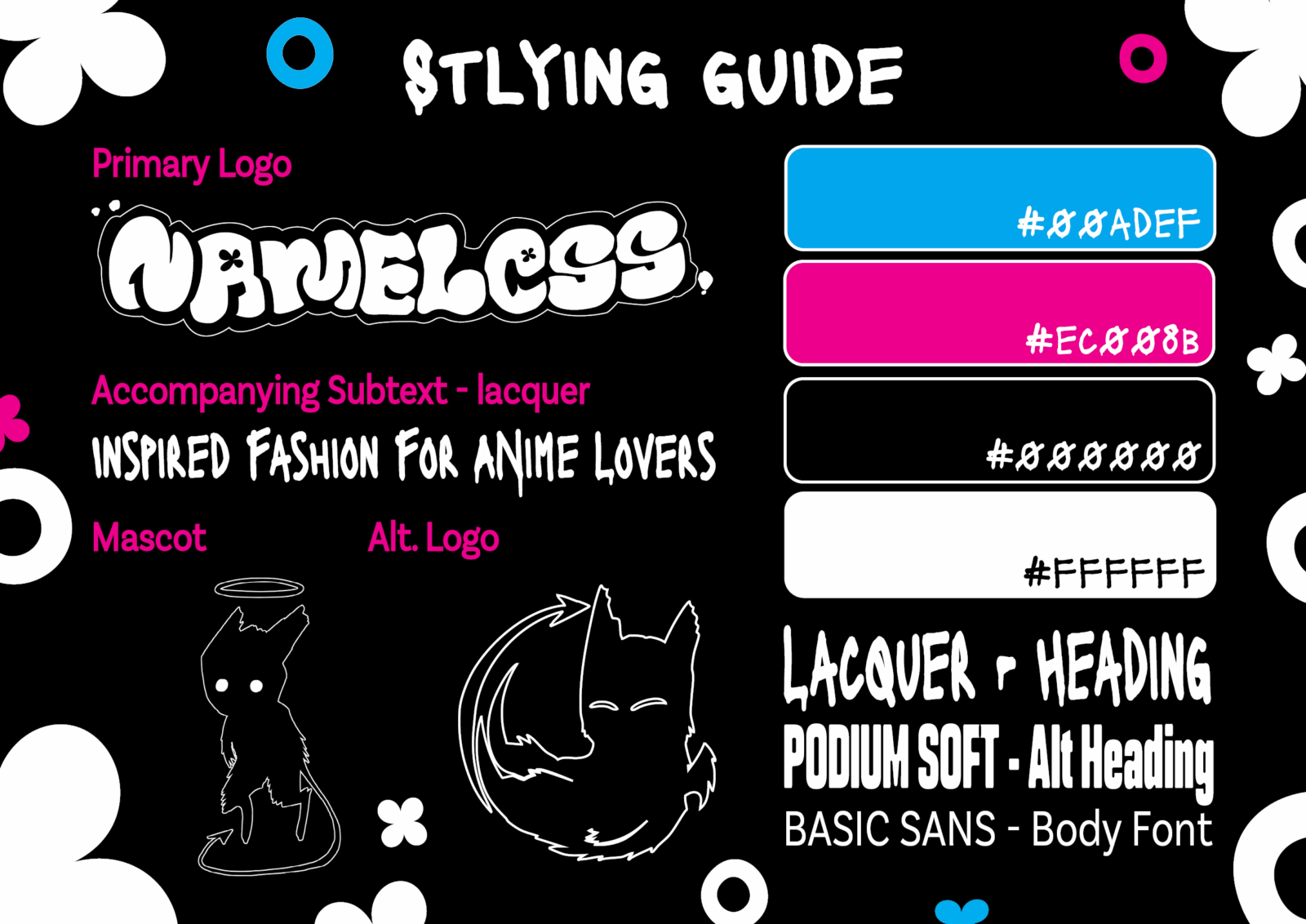 Style guide, inclusive of the logo, subtext "inspired fashion for anime lovers", fonts, mascot and colour scheme.