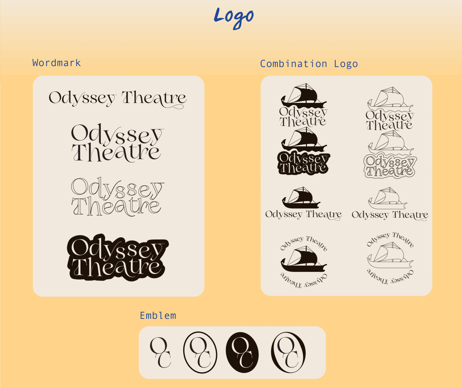 LOGO Variation for Odyssey Theatre. Wordmarks, Combination (Odyssey Theatre paired with ship) and Emblem with the letters Q and T
