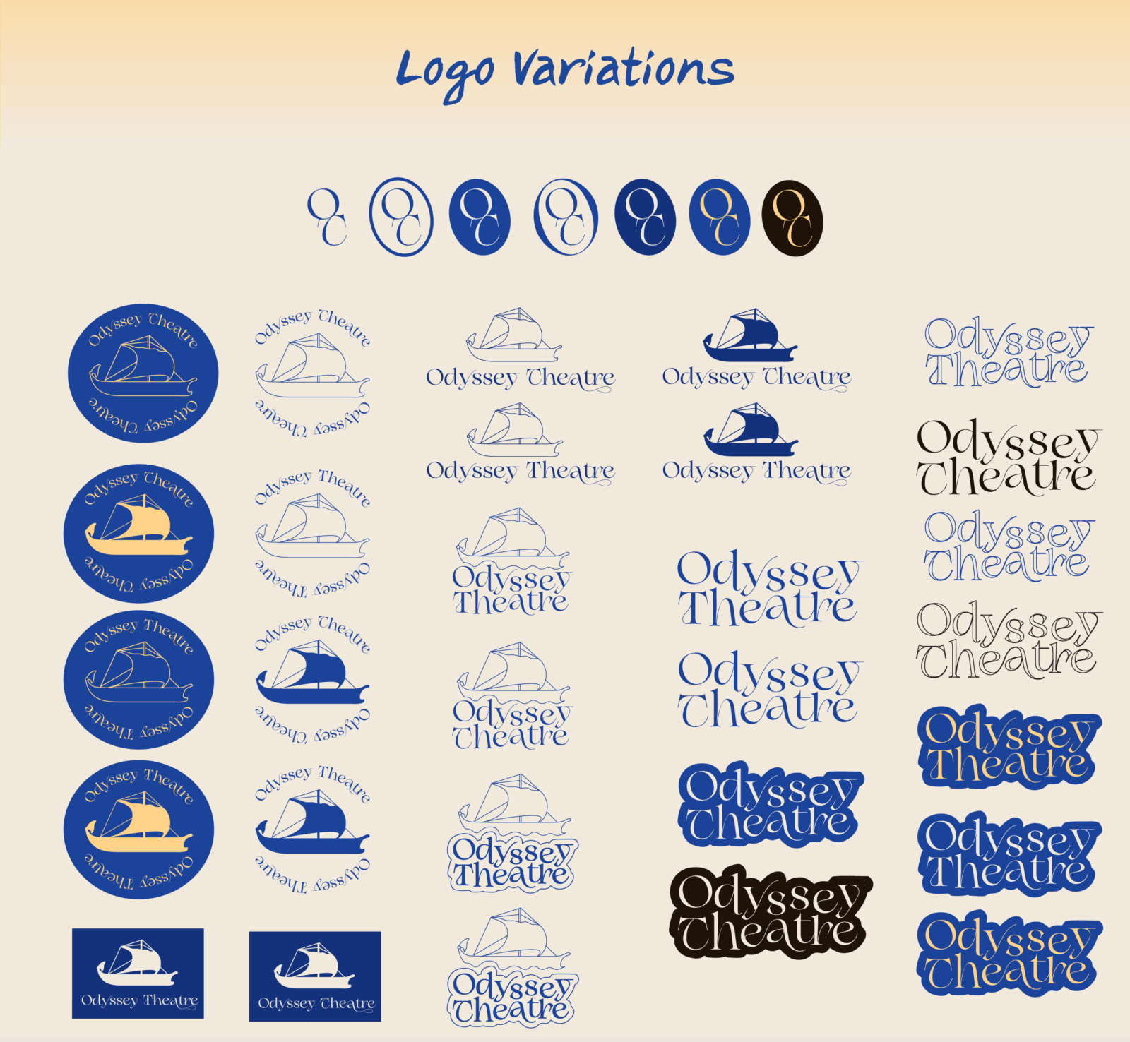 Logo variations with different colours of blue yellow, cream and brown.