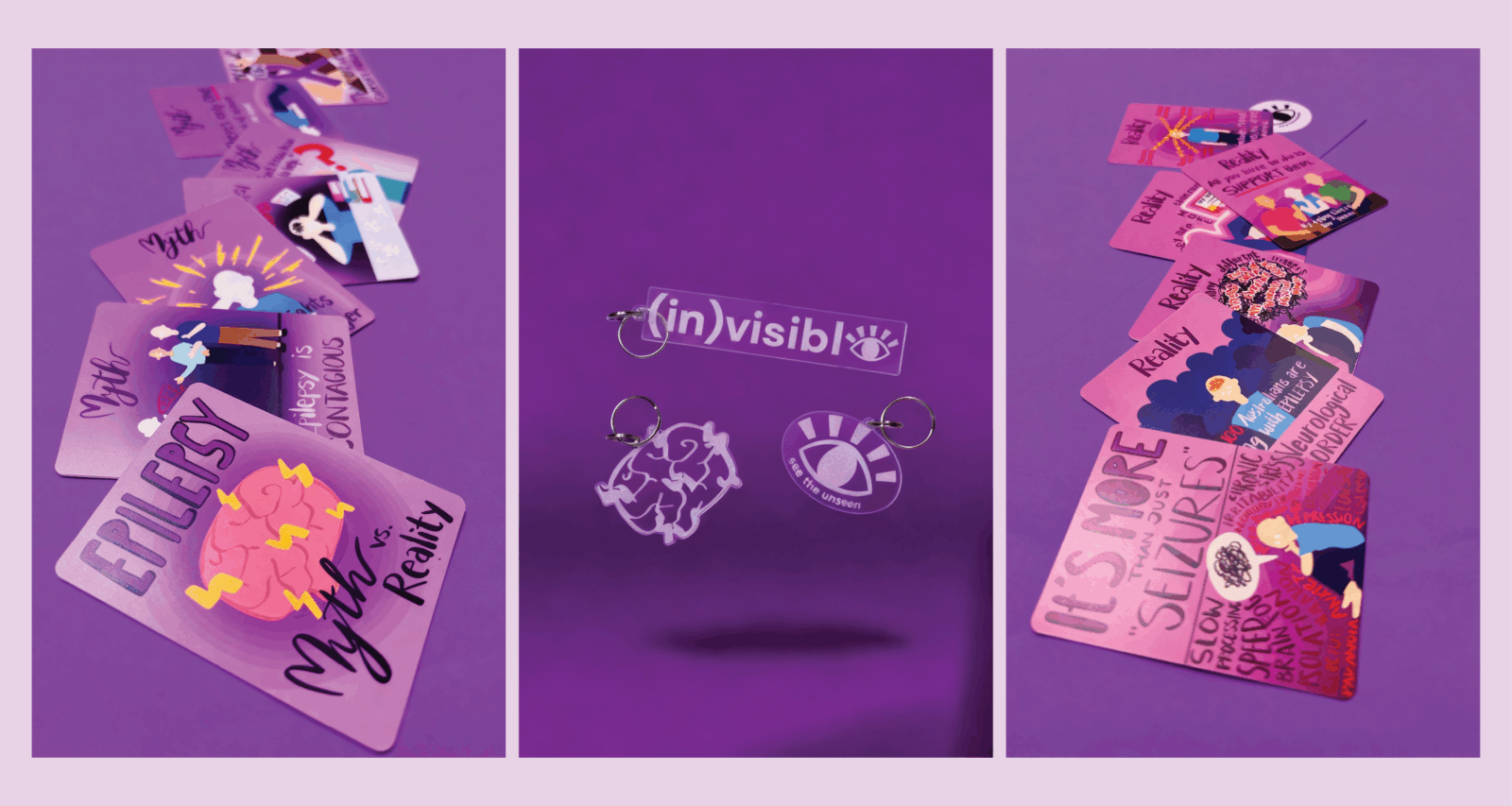 Some flashcards; titled "myth vs. reality" and in the middle, 3 keychains.