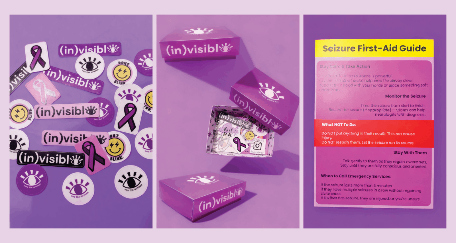 Stickers on the left hand side, box design in the middle, and first aid guide for seizures on the right hand side. 