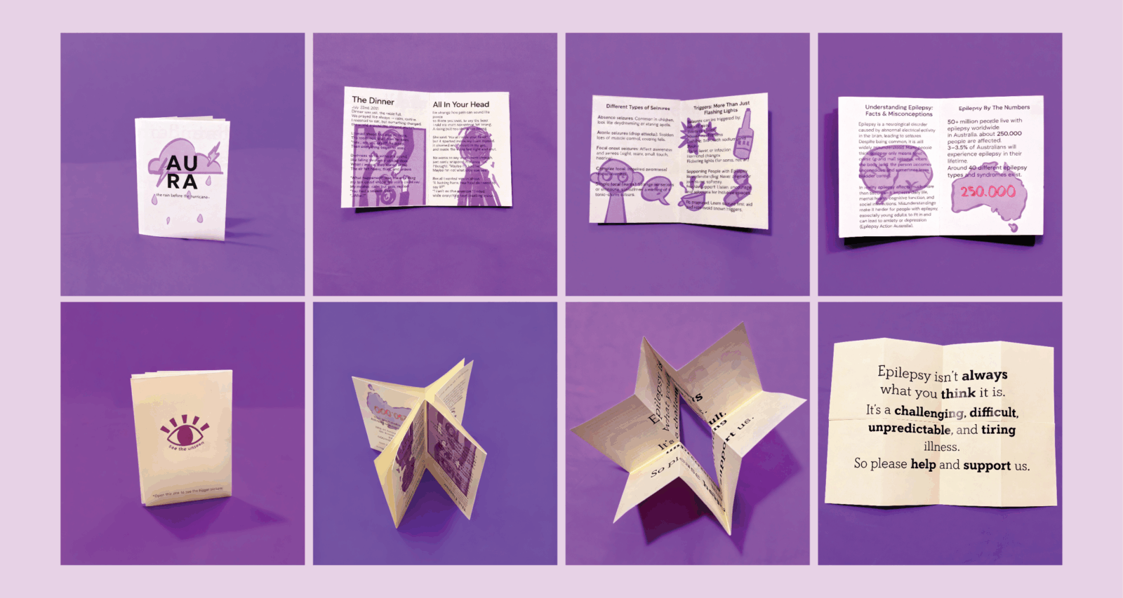 A mini zine containing all the information needed to know about epilepsy, as well as a quote on the other side saying "Epilepsy isn't always what you think it is. It is a challenging, difficult, unpredictable, and tiring disease. So please help and support us."