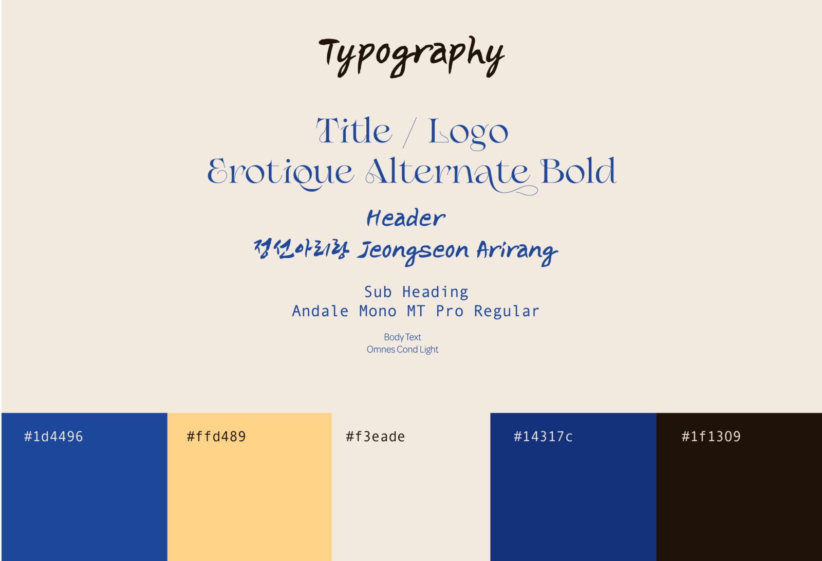 Typograhy:
Title/Logo is Erotique Alternate Bold
Header is Jeongseon Arirang
Sub Heading is Andale Mono MT Pro Regular
Body Text is Omnes Cond Light

Colour Scheme is
1dd496 (navy blue), ffd489 (pale yellow), f3eade (cream), 14317c (Dark blue), 1f1309 (brown)