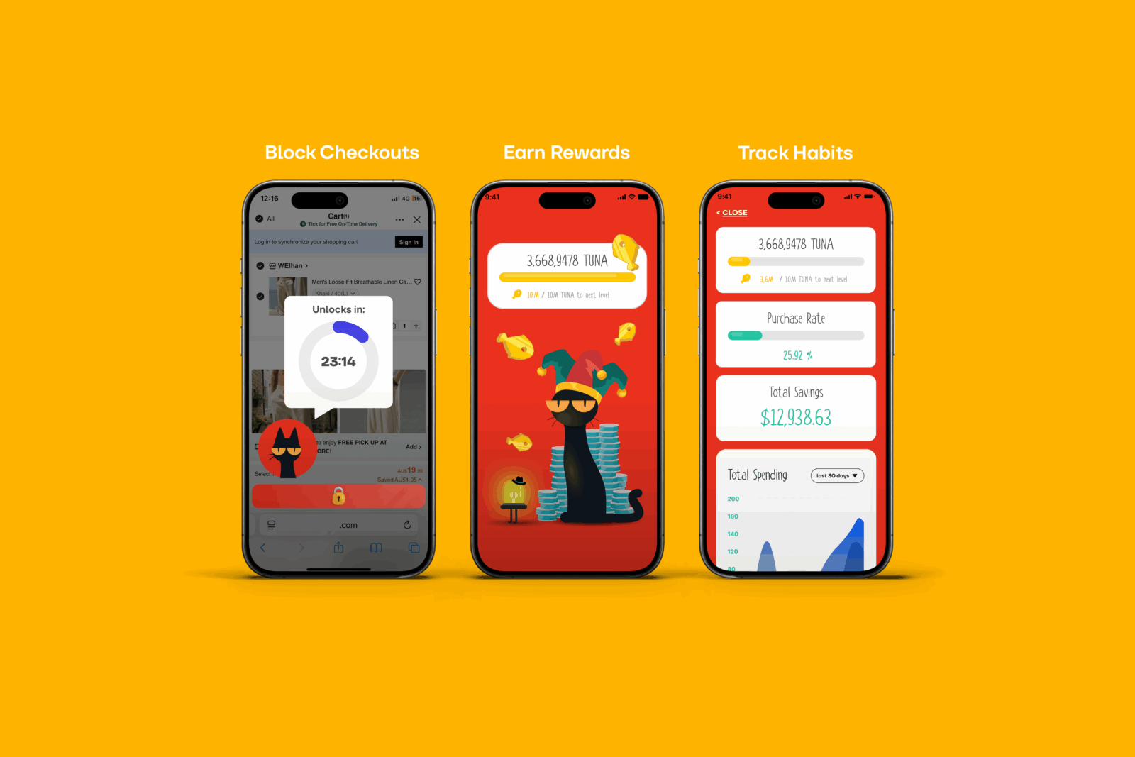 Three smartphone screens displayed against a bright yellow background showcasing the Sketchy.live app. The first screen shows a shopping checkout page with a lock timer overlay labeled “Unlocks in: 23:14” and a small black cat icon, representing the “Block Checkouts” feature. The middle screen shows the black cat character sitting on a pile of coins with fish icons floating around, labeled “Earn Rewards.” The third screen shows financial tracking data, including Tuna currency, purchase rate, total savings, and spending graph, labeled “Track Habits.”