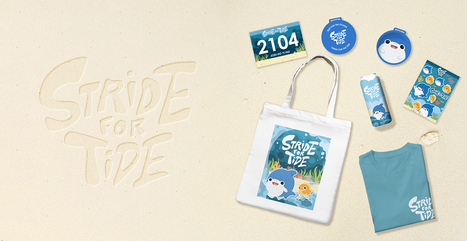 Mock up designs laid on the sand with the logo stride for tide