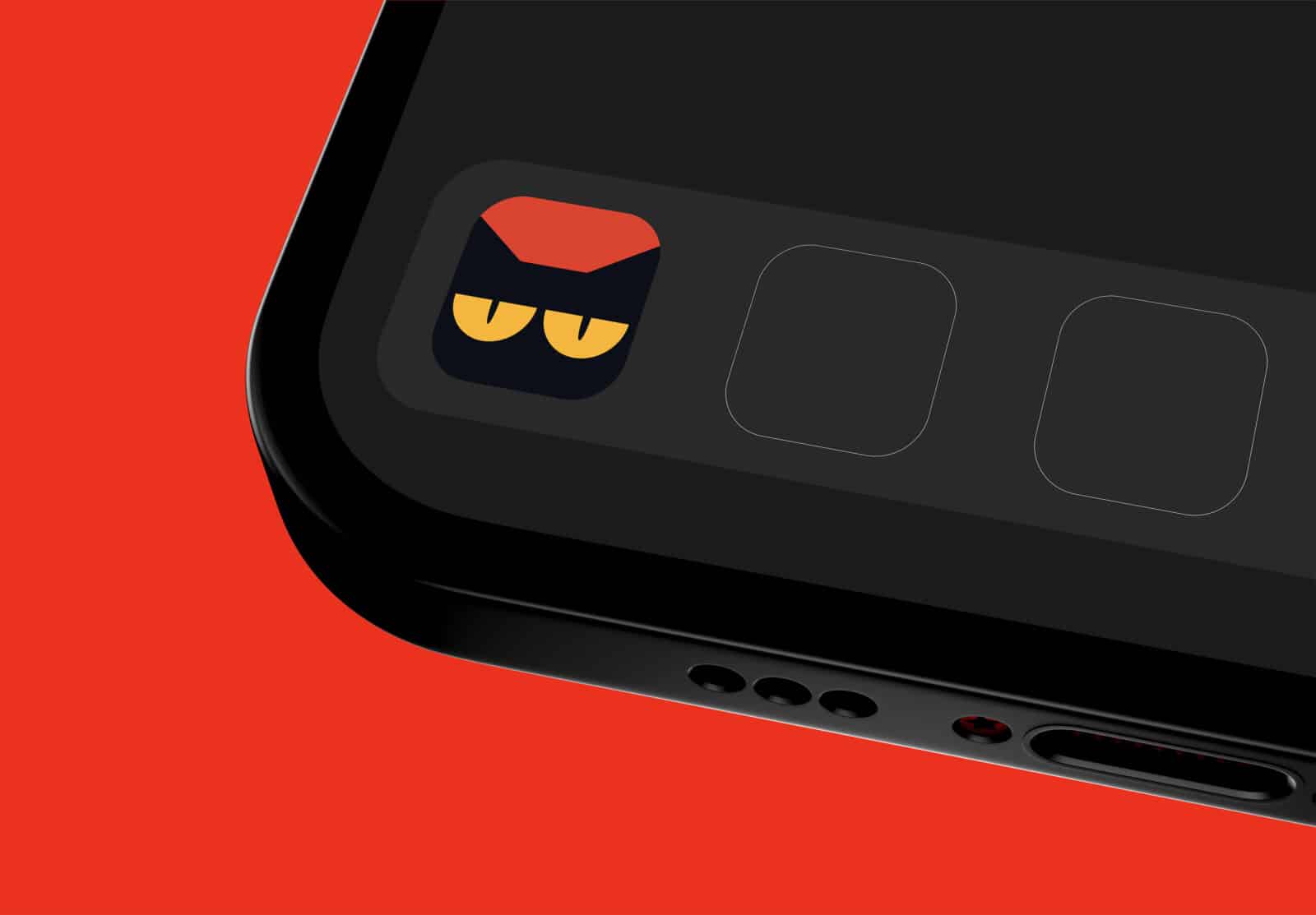 A close-up render of a smartphone’s corner against a vivid red background, showing the Sketchy app icon on the home screen. The icon features a stylized black cat with sharp yellow eyes and a red angular forehead, conveying a mischievous expression. The phone’s sleek black edge and charging port are visible, emphasizing a modern and minimal aesthetic.