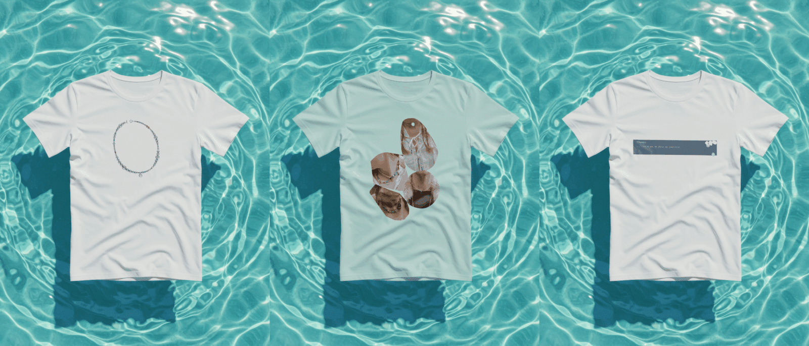 Mockup of three tshirts in a row in a pool