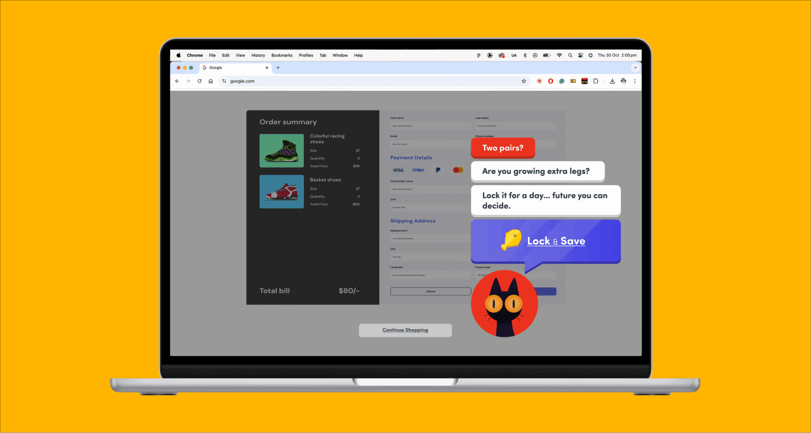A laptop on a bright yellow background displays the Sketchy.Live interface. On the checkout page, an animated black cat named Sketch appears beside playful chat bubbles saying, “Two pairs?” “Are you growing extra legs?” and “Lock it for a day… future you can decide.” A large purple button labeled “Lock & Save” is shown, suggesting the user delay their purchase.